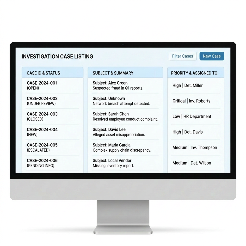Investigation case listing with case IDs, subjects, summaries, priorities, and assigned investigators
